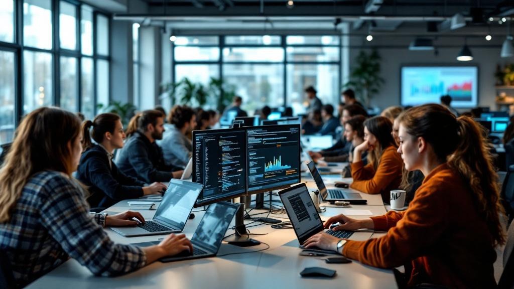A wide-angle photograph taken inside a modern European university computer lab, showing a diverse group of adult learners in their twenties and thirties seated at workstations, focused on screens disp