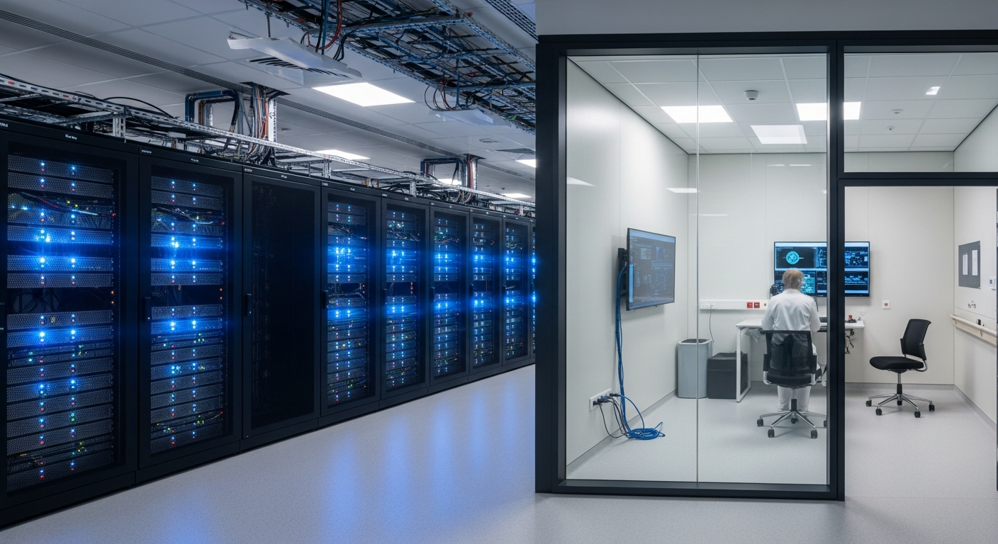 A wide-angle editorial photograph taken inside a modern European hospital data centre, rows of servers with blue indicator lights visible through glass panels, a clinical IT professional in a white co