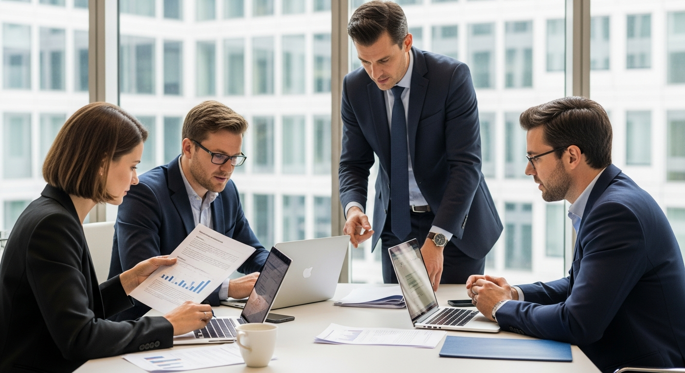 An editorial photograph of a business meeting in a glass-walled conference room in Canary Wharf, London, three professionals around a table reviewing printed compliance documents and a laptop screen s