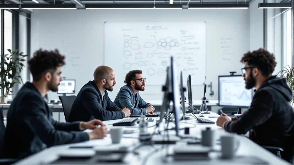 A wide-angle editorial photograph taken inside a modern AI research laboratory in London or Paris, showing diverse engineers and researchers collaborating at workstations displaying protein structure 