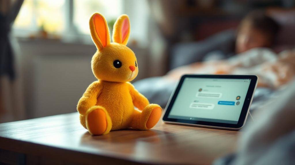 Editorial photograph inside a European child's bedroom: a brightly coloured AI-connected toy rabbit sits on a wooden desk beside a tablet displaying a chat interface, soft natural light from a window,