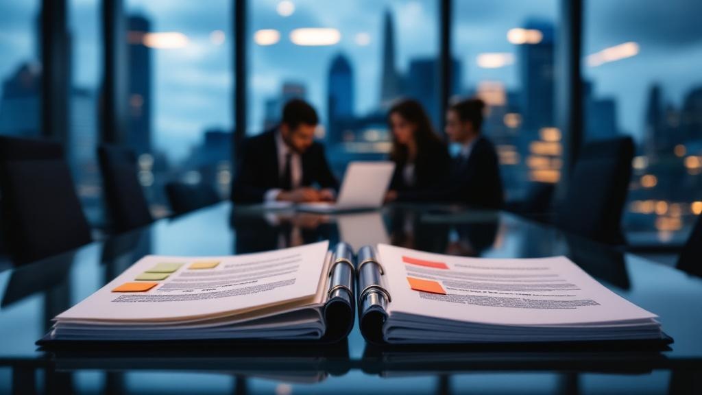 Editorial photograph taken inside a European regulatory or legal compliance setting: two open legal binders side by side on a glass conference table, one annotated with soft pastel sticky notes sugges