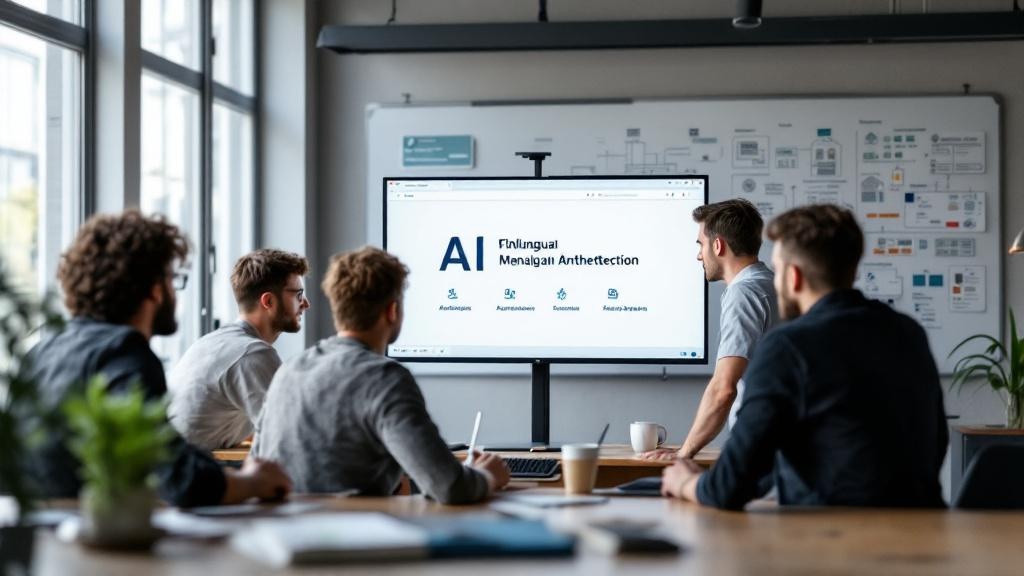 Editorial photograph taken inside a contemporary European fintech accelerator workspace, likely Brussels or Amsterdam, showing a small team of three or four founders collaborating around a large monit