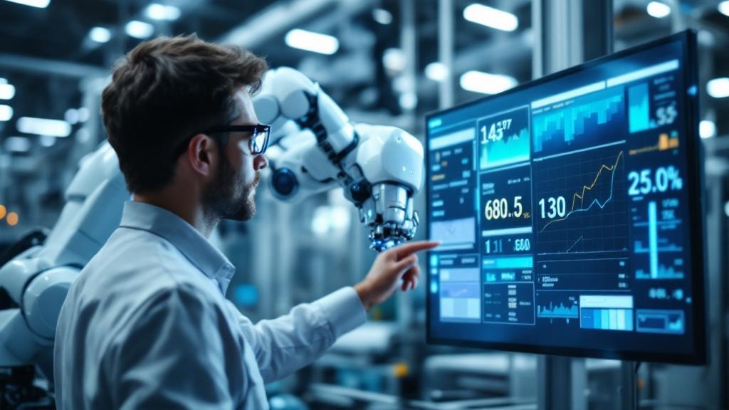 Editorial photograph taken inside a modern European precision manufacturing facility, showing a robotic assembly arm mid-operation alongside a large monitor displaying real-time computer vision qualit