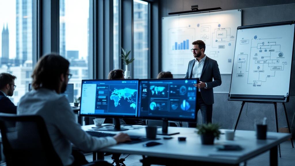 Wide-angle editorial photograph taken inside a modern European government digital training facility, such as a refurbished civic building in Tallinn or a public sector innovation hub near the Berliner