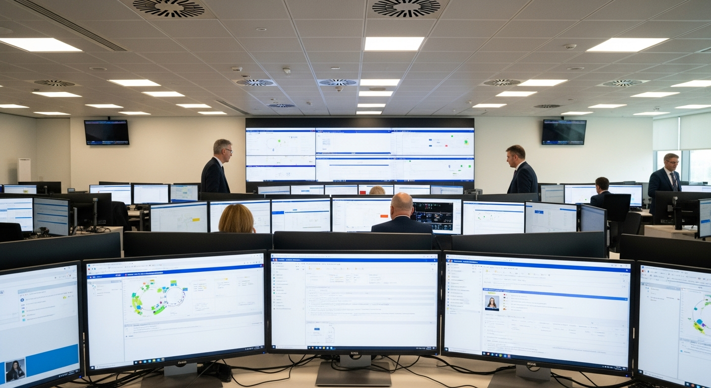 A wide-angle editorial photograph taken inside a European high-performance computing facility, such as the LUMI supercomputer centre in Kajaani, Finland, or the Juelich Supercomputing Centre in German