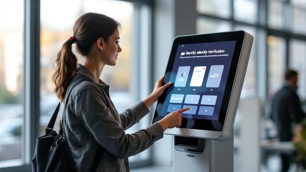 An editorial photograph depicting a digital identity verification kiosk or biometric onboarding terminal in a contemporary European public-sector setting, such as a local government service centre or 