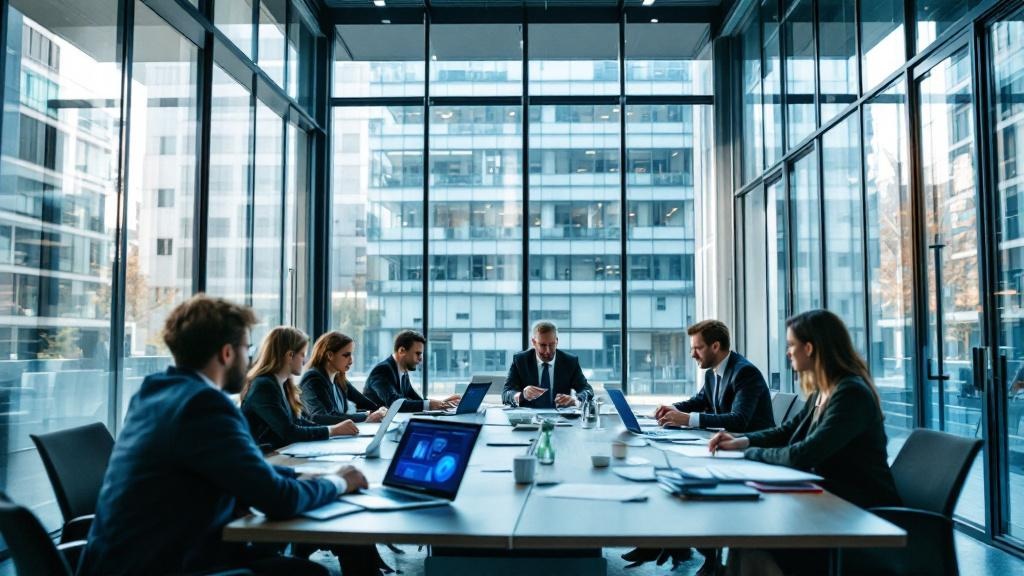 A wide-angle editorial photograph taken inside a modern European regulatory or government building, such as the atrium of the European Parliament in Brussels or a glass-walled conference room at the I