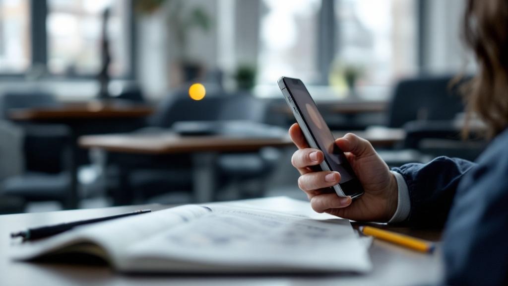 A close-up editorial photograph taken inside a softly lit European secondary school classroom, showing a teenager's hands holding a smartphone displaying a chat interface, with a blurred background of