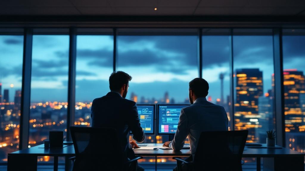 A wide-angle editorial photograph taken inside a contemporary European financial services compliance office, showing two professionals in business attire reviewing dual screens displaying AI risk-tier