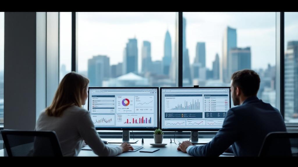 Editorial photograph taken inside a contemporary European financial services compliance office, showing two professionals reviewing regulatory documents on dual monitors displaying structured data tab