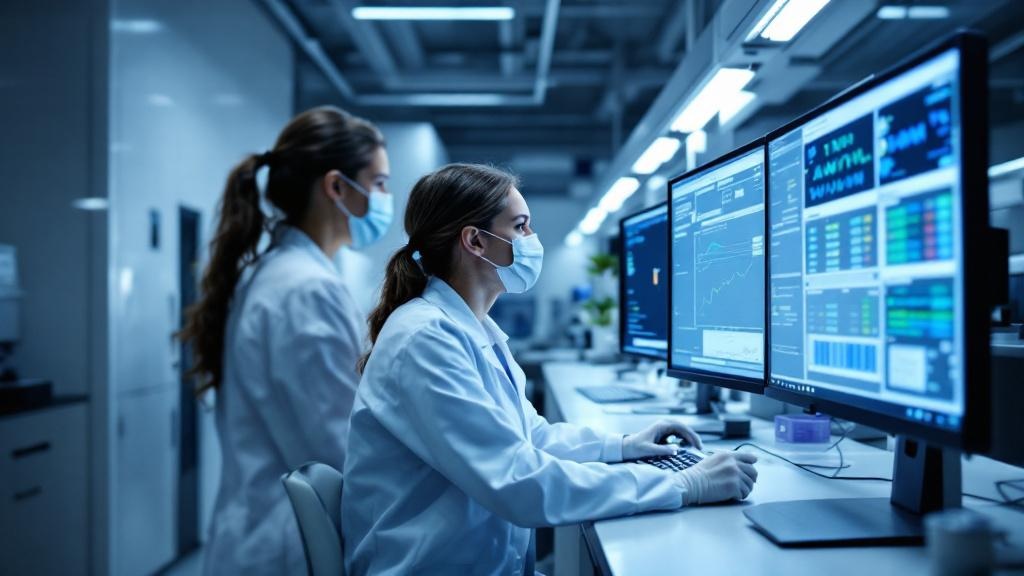 A wide-angle editorial photograph taken inside a modern genomic laboratory at an NHS Genomic Laboratory Hub or a facility resembling the Wellcome Sanger Institute near Cambridge. The scene shows a cli