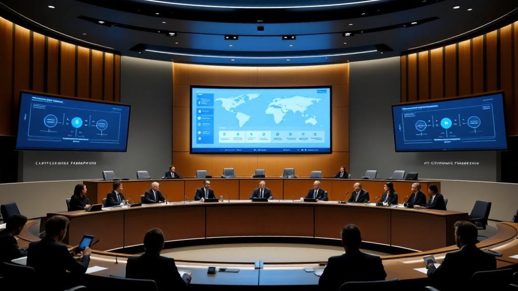 A wide-angle editorial photograph taken inside a contemporary European financial regulation forum, showing a panel of officials seated at a curved conference table beneath large digital screens displa