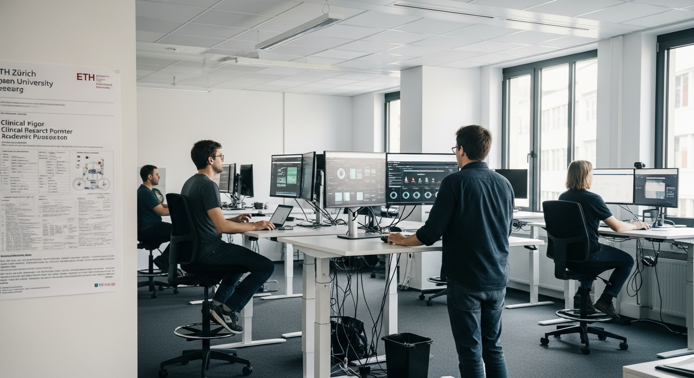 An editorial photograph of a European regulatory or policy context: a close-up of a desk with an open laptop displaying a GDPR compliance dashboard alongside a wellness wearable device and a printed c