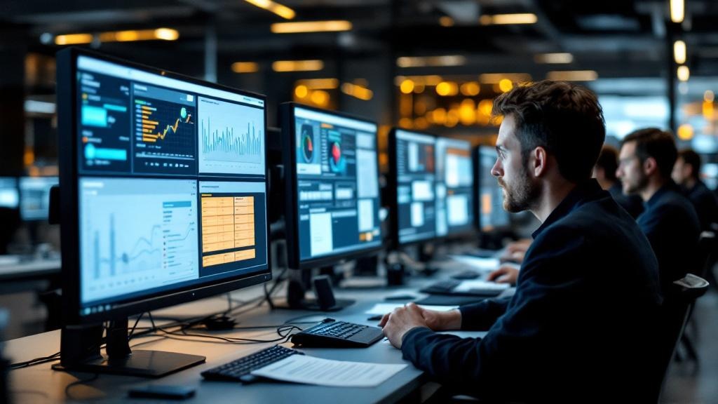 Editorial photograph taken inside a modern European financial institution's technology operations centre, showing screens displaying compliance dashboards and risk classification interfaces alongside 
