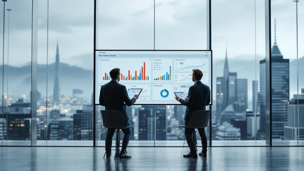 A wide-angle editorial photograph taken inside a modern Swiss banking technology centre, showing two compliance analysts reviewing AI-generated risk dashboards on large vertical monitors. The screens 