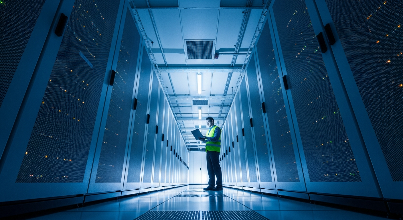 An editorial photograph taken inside a modern European data centre, rows of illuminated server racks stretching into the distance, a lone technician in a high-visibility vest reviewing a laptop screen