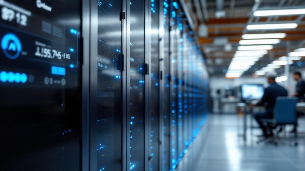 Editorial photograph taken inside a modern French data centre facility, rows of server racks with blue and white indicator lights, a Mistral AI interface visible on a nearby engineer's monitor, clean 
