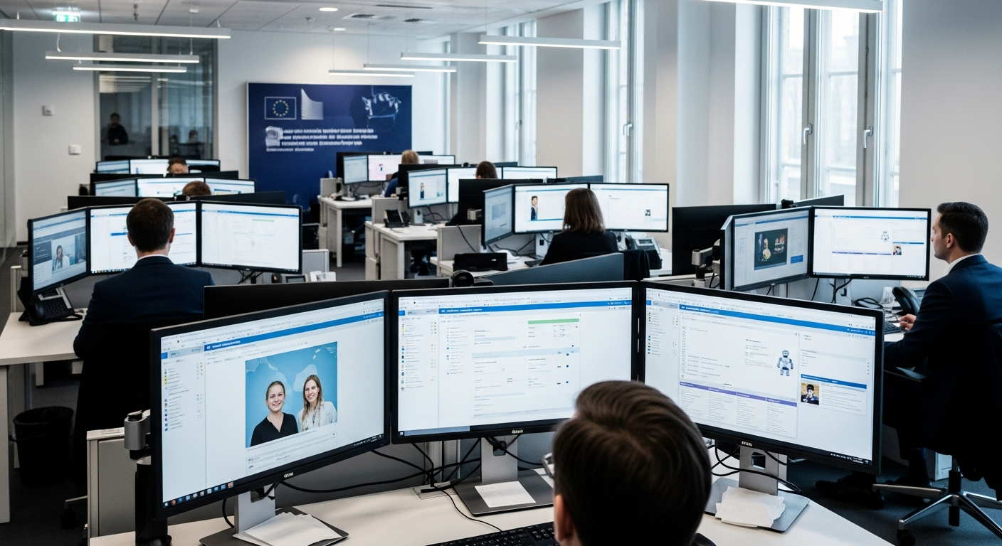 Editorial photograph inside a modern European government digital services office, showing civil servants at workstations with multiple monitors displaying citizen portal dashboards. The aesthetic is c