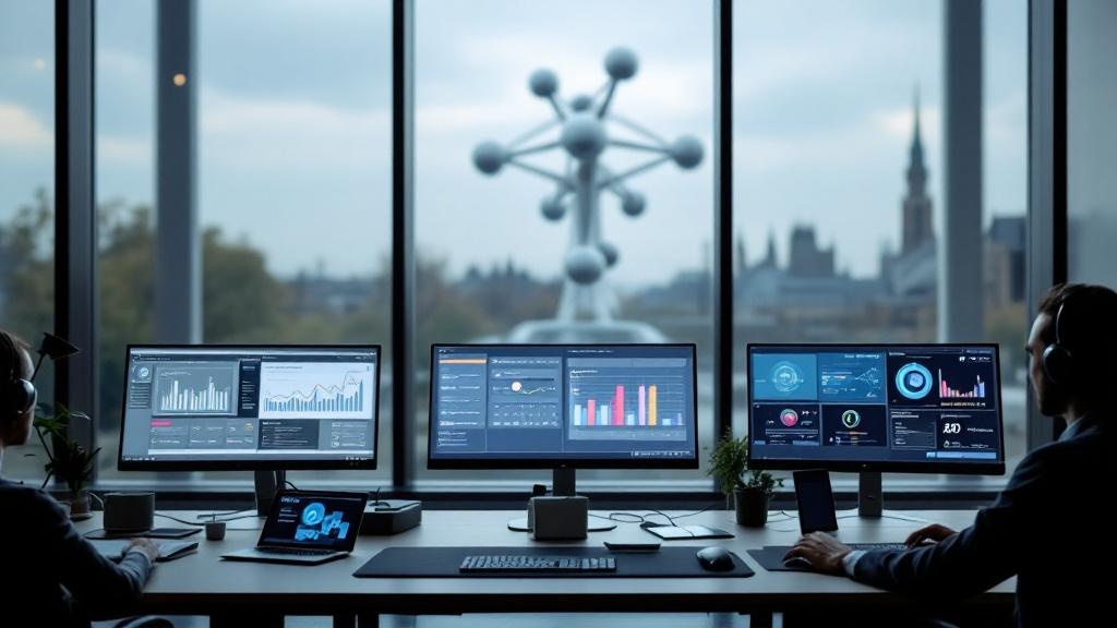 A wide-angle editorial photograph inside a European regulatory or government technology office, showing multiple monitors displaying AI compliance dashboards and risk classification interfaces. The se