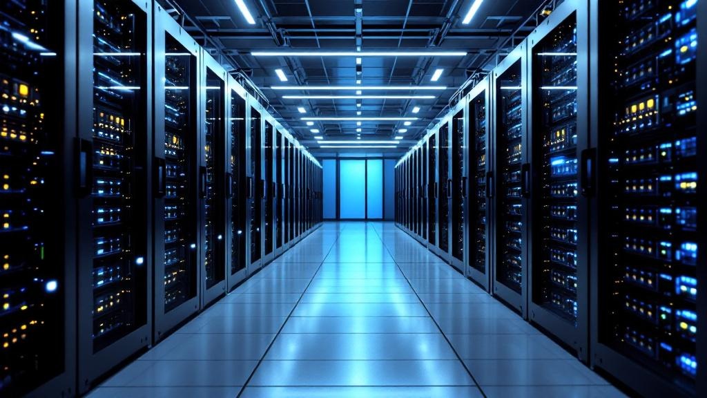 Editorial photograph taken inside a European-style high-performance computing facility: rows of GPU server racks bathed in cool blue-white LED light, cables neatly bundled, with a wide-angle perspecti