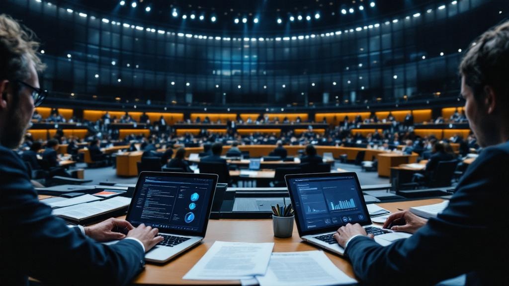 Editorial-style photograph taken inside a modern European parliamentary chamber or regulatory hearing room, such as the European Parliament's hemicycle in Brussels or a Bundestag committee room in Ber