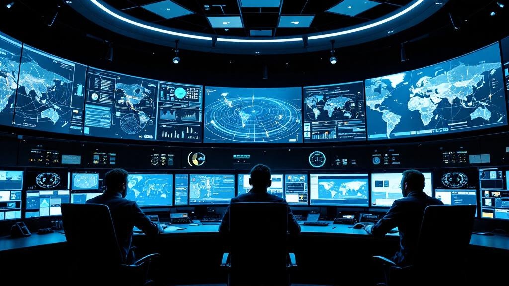 Wide-angle editorial photograph taken inside a European satellite operations control room, multiple curved screens displaying orbital tracking data and network topology maps, soft blue and white light