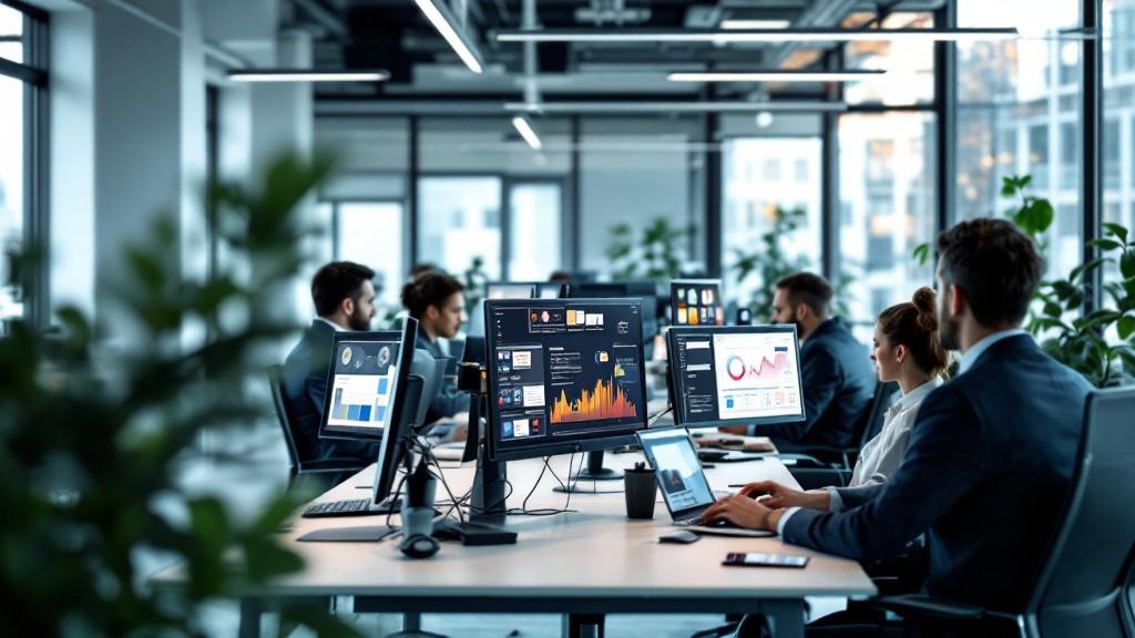 A wide-angle photograph taken inside a modern European government technology office, showing civil servants working at dual-monitor desks with productivity software open on screen. The room features c
