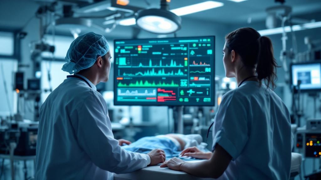 Editorial photograph inside a modern intensive-care unit in a large European university hospital. A physician and a nurse are reviewing a patient monitoring screen that includes a software dashboard w
