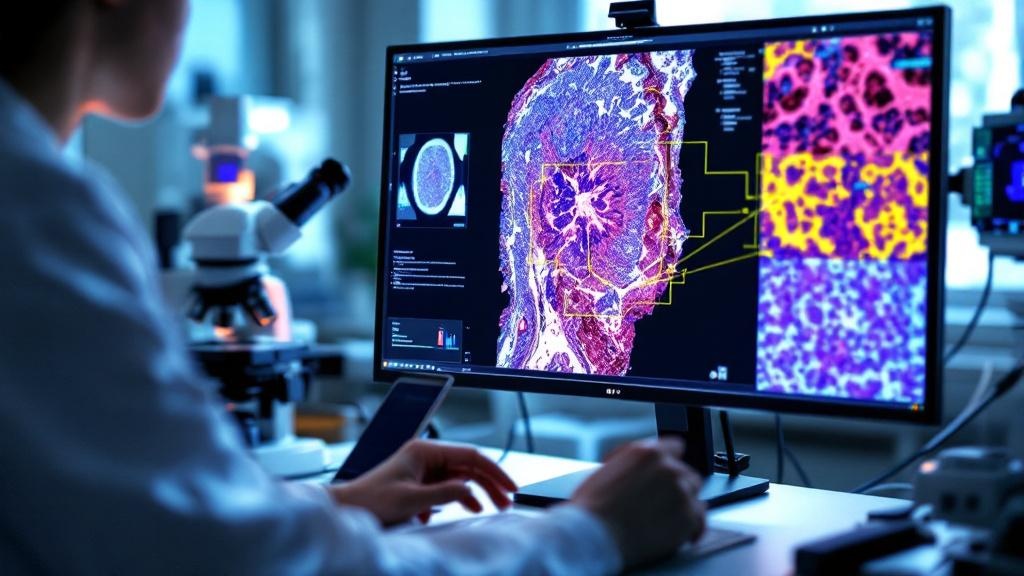 Editorial photograph of a digital pathology workstation in a European hospital or medical research facility. A pathologist in a white coat examines a high-resolution whole-slide image on a large calib