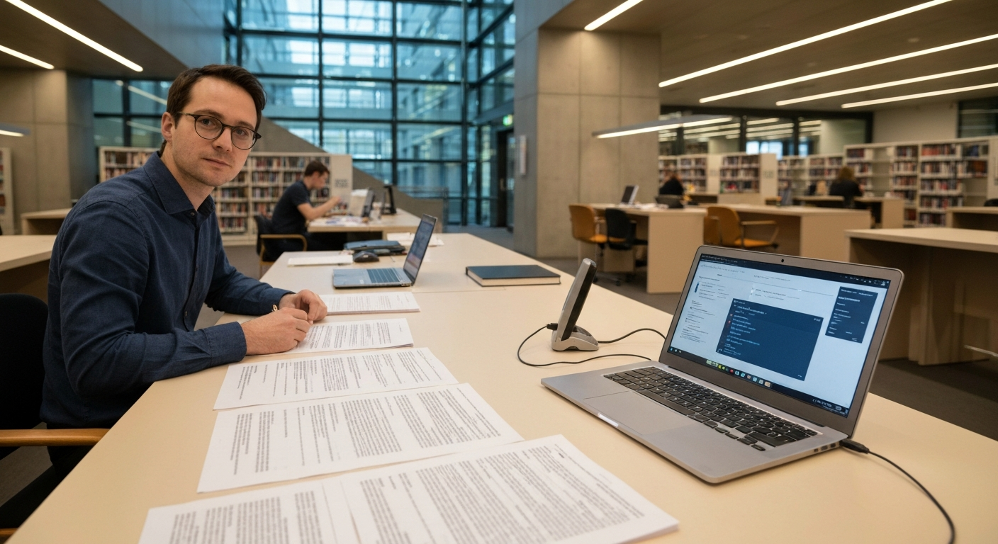 A researcher at a light-filled desk inside a contemporary European university library, multiple language documents spread across the surface alongside an open laptop displaying an AI interface. The ar