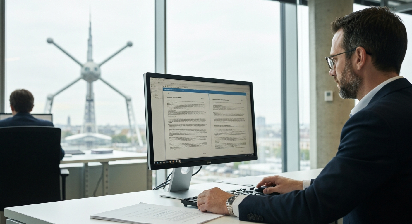 Wide-angle photograph of a European financial district at dusk, shot from street level looking up at the glass facades of Canary Wharf office towers, warm interior lights visible through floor-to-ceil