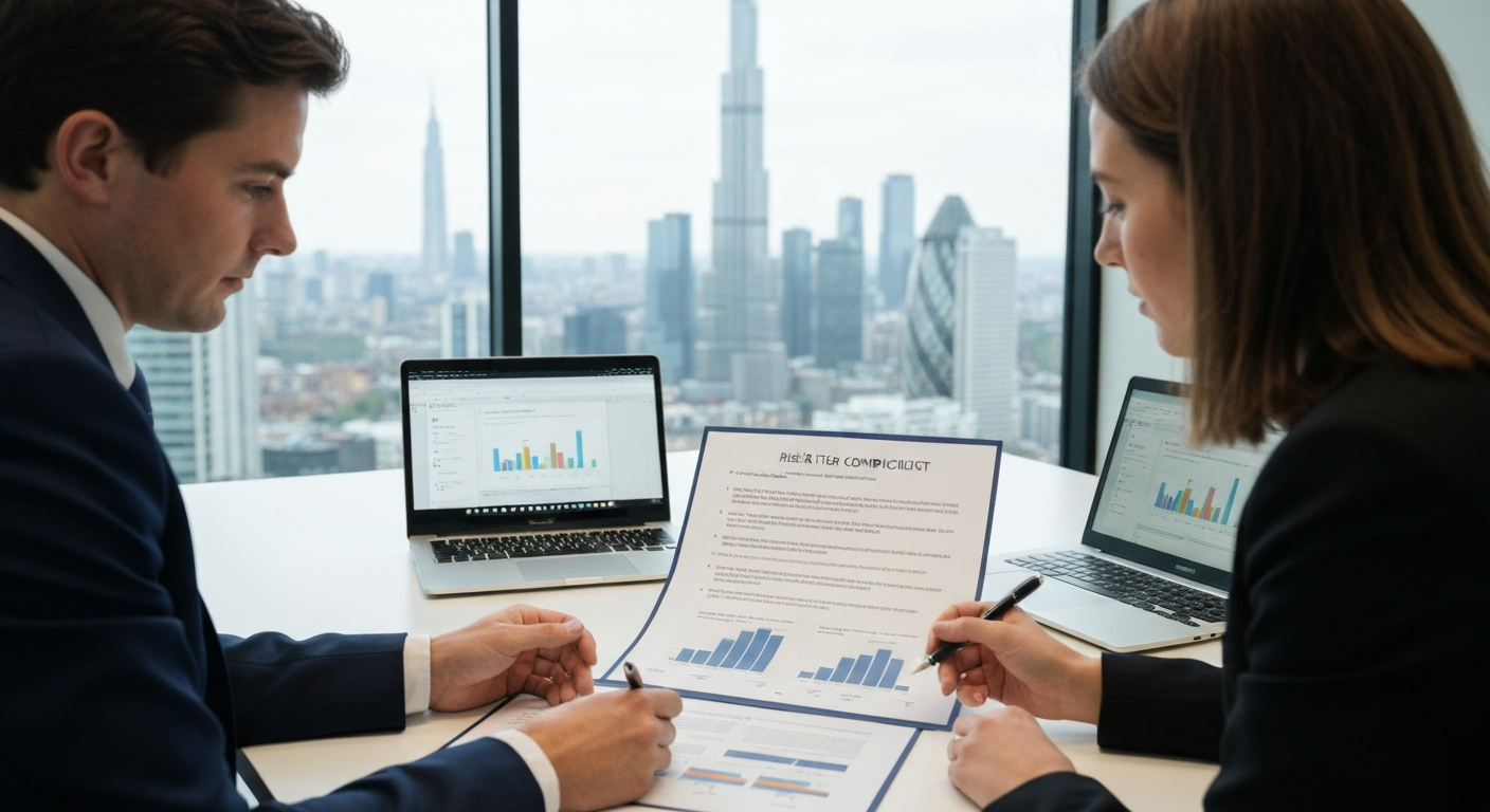 Editorial photograph of a formal regulatory hearing room inside a modern European institutional building, rows of dark wood desks facing a raised panel, overhead lighting casting sharp shadows, a larg