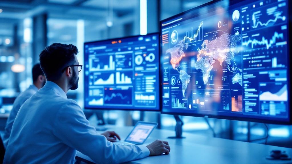 Editorial photograph taken inside a modern European hospital data centre or health-tech operations room, with two analysts reviewing AI performance dashboards on large monitors. Soft blue and white li