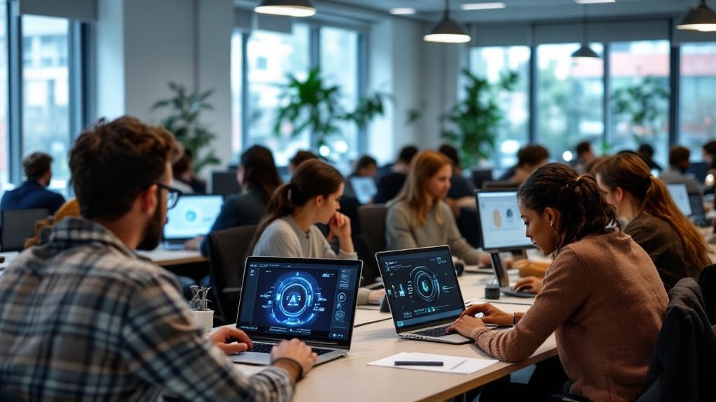 Editorial photograph taken inside a contemporary European university computer lab, likely ETH Zurich or a similar institution, showing a diverse group of adult learners focused on laptops displaying A