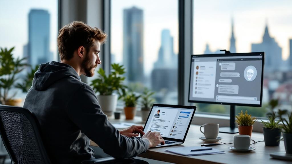 A wide-angle editorial photograph inside a modern Warsaw co-working space, showing a young professional in smart-casual clothing reviewing a CV on a laptop screen, with a second monitor displaying a c