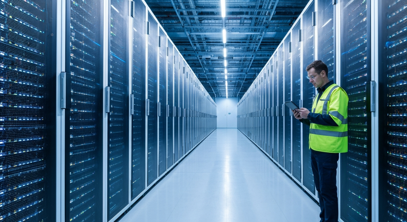 A wide-angle editorial photograph shot inside a modern European programmatic advertising operations centre, rows of analysts at dual-monitor workstations displaying real-time bidding dashboards and su