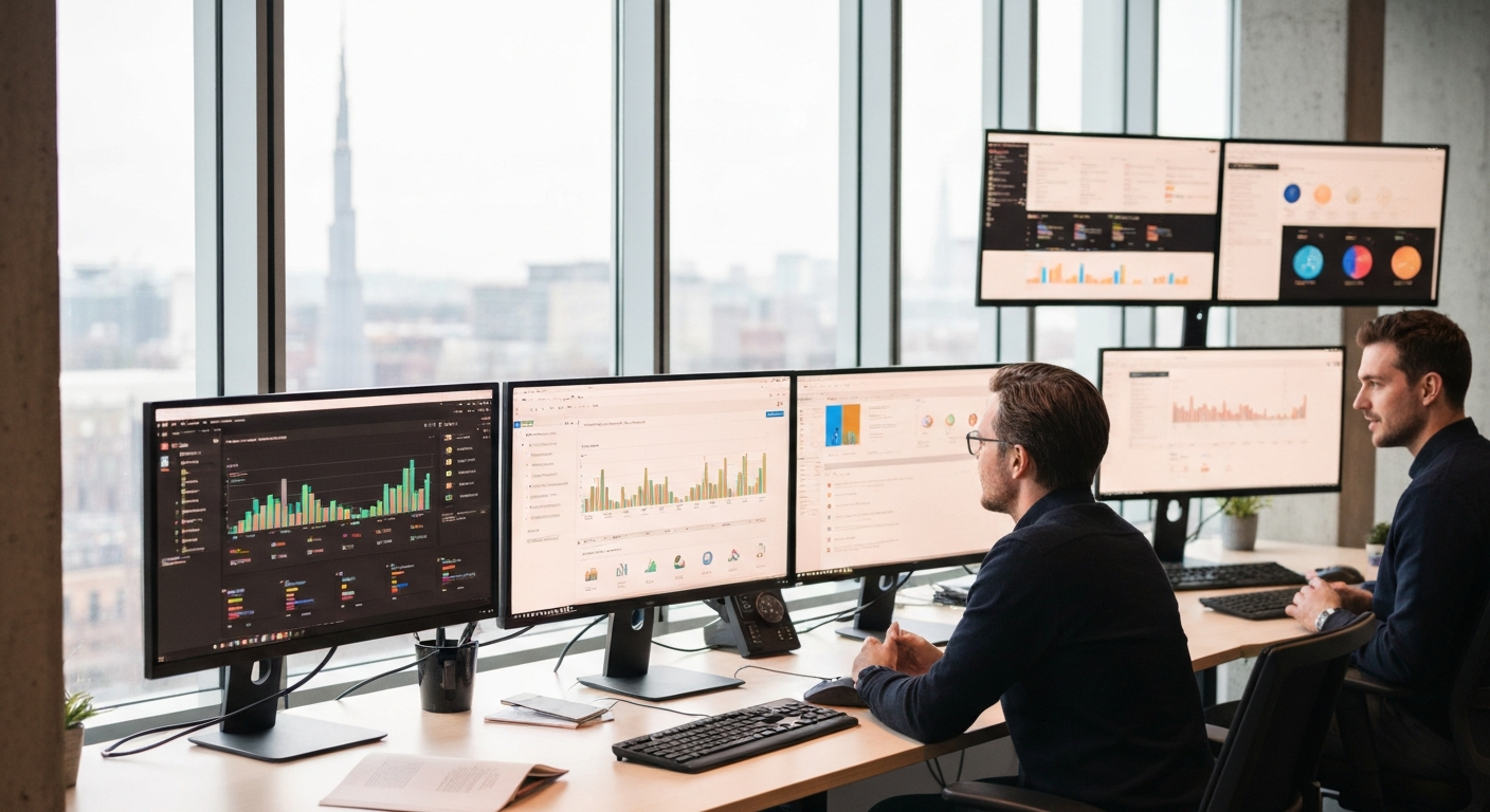 A close-up editorial photograph of a data engineer at ETH Zurich reviewing a cloud infrastructure diagram on a large wall-mounted display, the diagram showing interconnected nodes labelled with identi