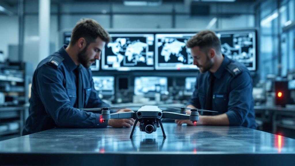 A wide-angle editorial photograph taken inside a modern European police technology lab, showing two officers in plain clothes examining a grounded commercial delivery drone on a stainless-steel examin