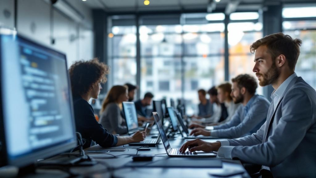 A wide-angle editorial photograph inside a contemporary European university computer lab, likely ETH Zurich or a similar research institution, showing a diverse group of professionals in their thirtie