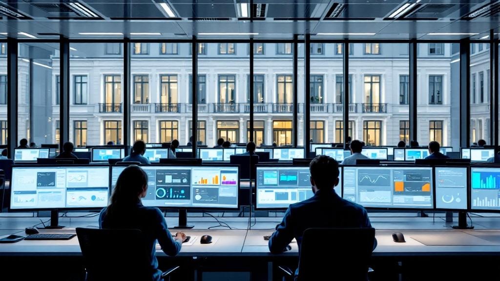 Wide editorial photograph taken inside a modern European government digital operations centre, rows of workstations with dual monitors displaying document search interfaces and structured data dashboa