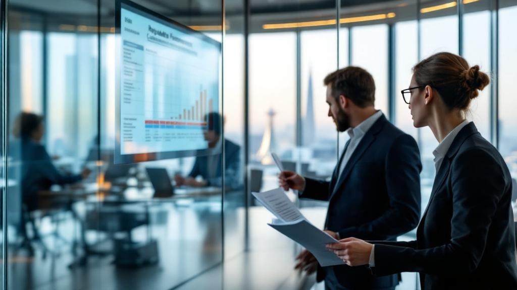 A wide-angle editorial photograph taken inside a modern European financial services compliance office, glass-walled meeting rooms visible in the background, a large wall-mounted screen displaying a re
