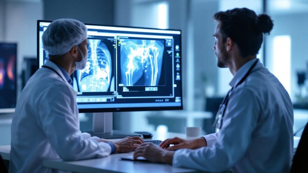 Editorial photograph showing a radiologist and a paediatric clinician reviewing a bone scan on a high-resolution medical display in a modern hospital diagnostic imaging suite, with a secondary monitor