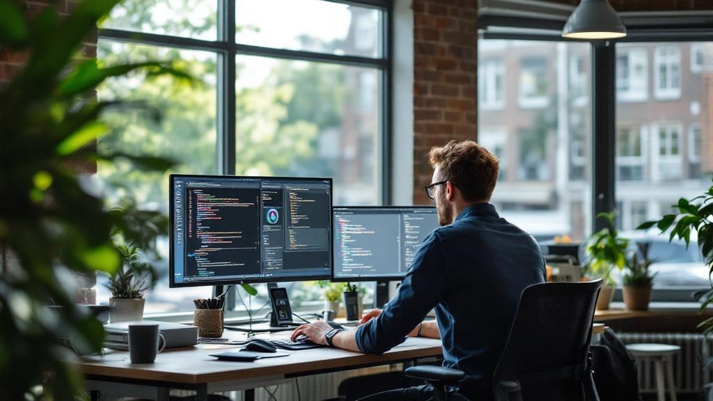 Editorial photograph of a developer working at a standing desk in a light-filled co-working space, a canal-side Amsterdam office block visible through floor-to-ceiling windows behind them. Multiple mo