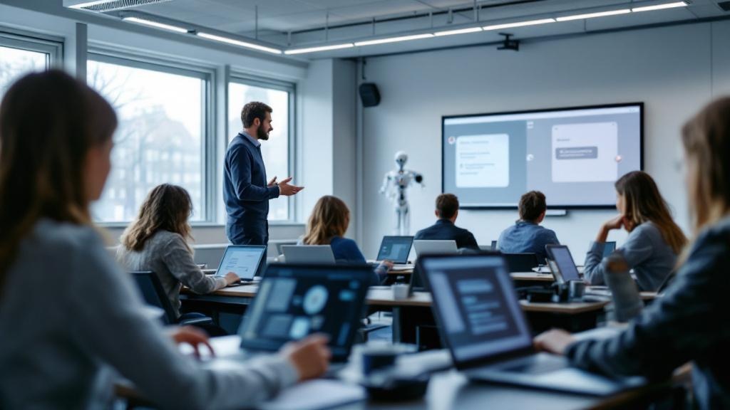 A wide-angle editorial photograph taken inside a modern European university lecture hall, likely in Germany or the Netherlands, showing a small group of students working independently on laptops while
