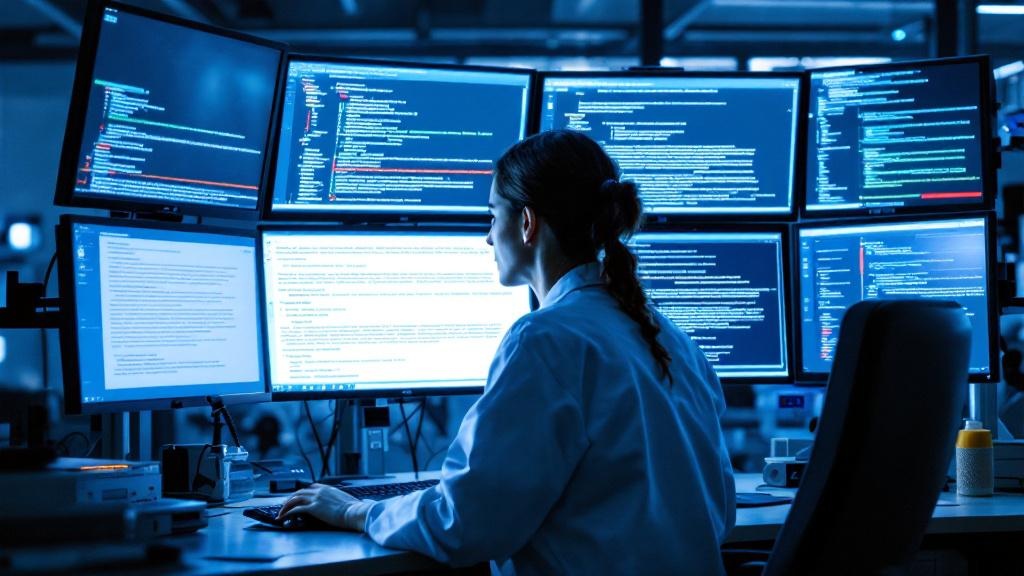 A researcher at a workstation inside a clinical informatics lab, surrounded by monitors displaying multilingual clinical text in French, German, and Welsh alongside colour-coded named entity annotatio