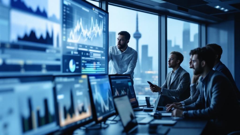 Editorial photograph taken inside a modern European financial technology office, with a diverse group of compliance and policy professionals gathered around a large monitor displaying algorithmic audi