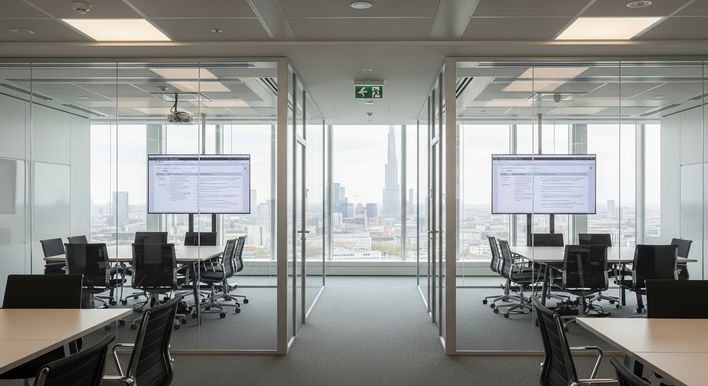 Editorial photograph taken inside a modern European financial institution's technology compliance hub, showing two analysts reviewing dual monitors displaying AI governance documentation and risk asse