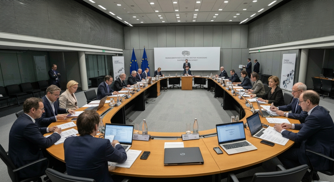 Wide-angle editorial photograph of a policy working group session inside a contemporary Brussels government building, participants around a large oval table reviewing printed documents and laptop scre
