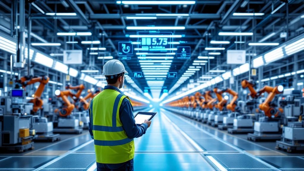 Wide-angle editorial photograph taken inside a modern European automotive or battery manufacturing facility, such as a Northvolt gigafactory in Sweden or a Volkswagen production hall in Wolfsburg. Row